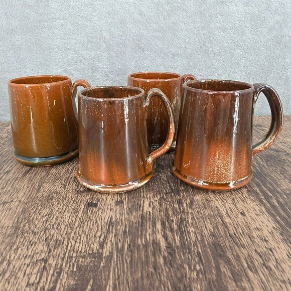 AR Cole Pottery Sanford NC Stamped VTG Mugs Brown Green Drip Glaze Set of 4 10oz - Picture 1 of 16